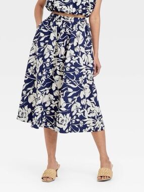 A New Day Navy Floral Midi Skirt | Small | High Rise A-Line Picnic Skirt